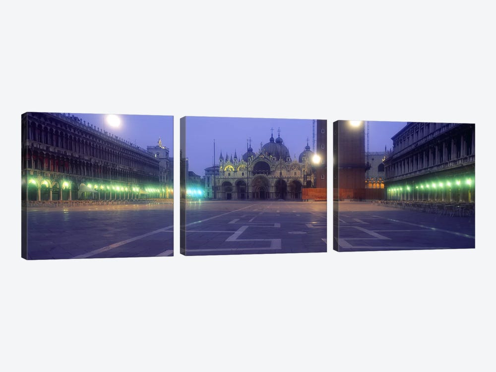Street lights lit up in front of a cathedral at sunriseSt. Mark's Cathedral, St. Mark's Square, Venice, Veneto, Italy by Panoramic Images 3-piece Canvas Wall Art