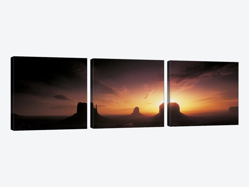 Cloudy Sunset Over The Mittens And Merrick Butte, Monument Valley, Navajo Nation, USA by Panoramic Images 3-piece Canvas Print