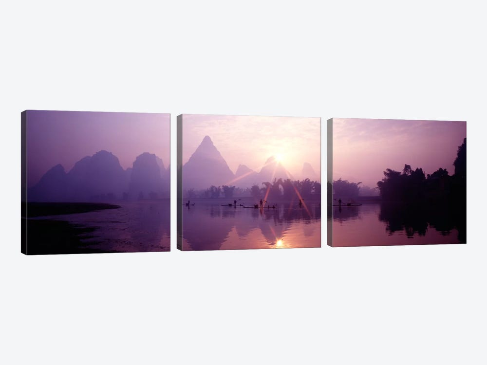 Fishing At First Light, Li River, Guilin, Guangxi Zhuang Autonomous Region, China by Panoramic Images 3-piece Canvas Artwork