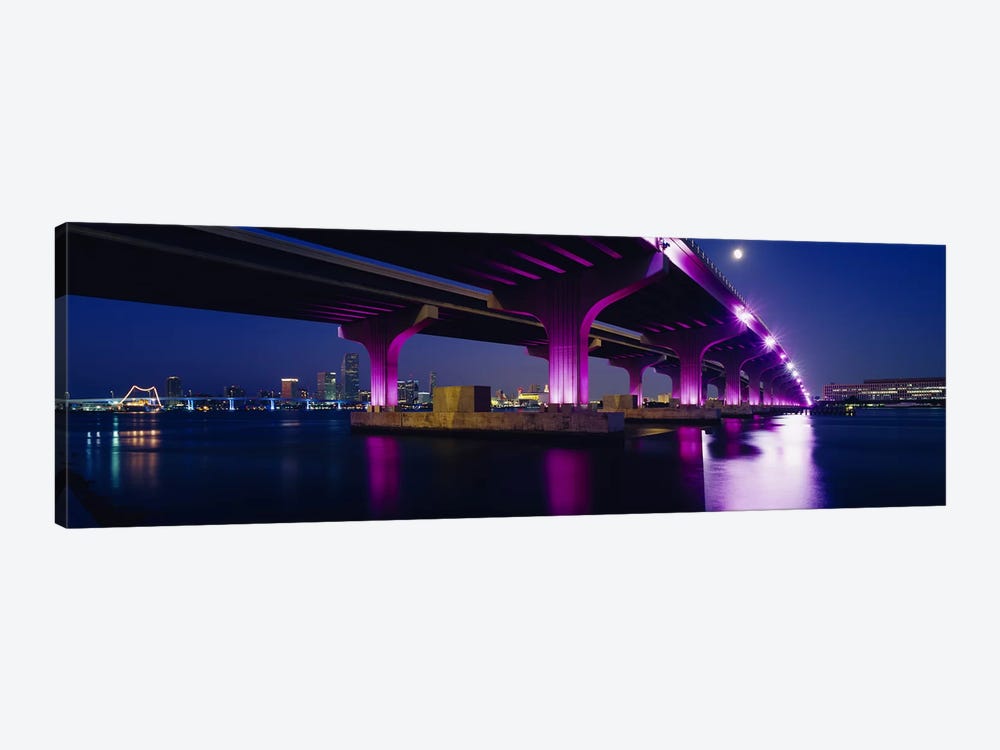 Bridge lit up across a bayMacarthur Causeway, Biscayne Bay, Miami, Florida, USA by Panoramic Images 1-piece Art Print