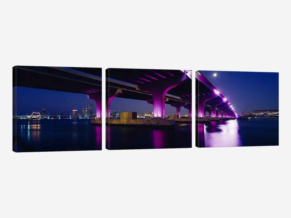 Bridge lit up across a bayMacarthur Causeway, Biscayne Bay, Miami, Florida, USA by Panoramic Images 3-piece Canvas Print