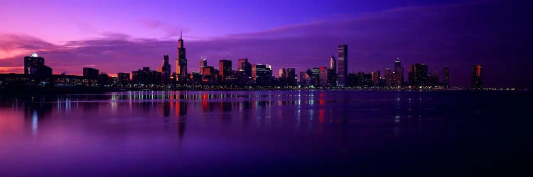 Buildings at the waterfront, lit up at duskSears Tower, Hancock Building, Lake Michigan, Chicago, Cook County, Illinois, USA