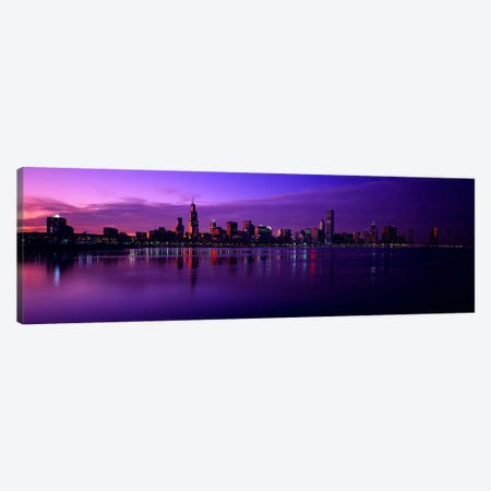 Buildings at the waterfront, lit up at duskSears Tower, Hancock Building, Lake Michigan, Chicago, Cook County, Illinois, USA Canvas Print #PIM2491} by Panoramic Images Canvas Artwork