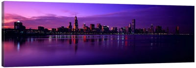 Buildings at the waterfront, lit up at duskSears Tower, Hancock Building, Lake Michigan, Chicago, Cook County, Illinois, USA Canvas Art Print - Chicago Skylines
