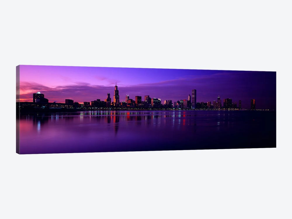 Buildings at the waterfront, lit up at duskSears Tower, Hancock Building, Lake Michigan, Chicago, Cook County, Illinois, USA by Panoramic Images 1-piece Canvas Print