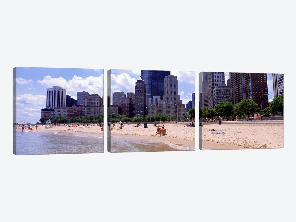 Group of people on the beachOak Street Beach, Chicago, Illinois, USA by Panoramic Images 3-piece Canvas Art Print