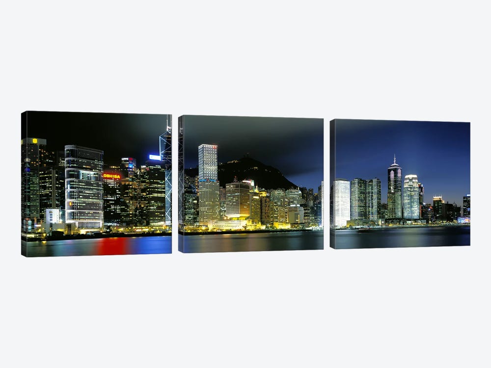 Skyline At Night, Central District, Hong Kong by Panoramic Images 3-piece Canvas Artwork