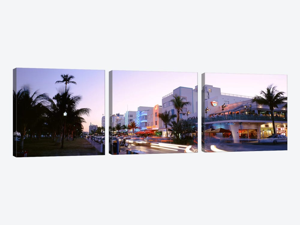 Buildings Lit Up At Dusk, Ocean Drive, Miami, Florida, USA by Panoramic Images 3-piece Canvas Art Print