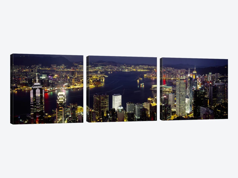 Victoria Harbour & Surrounding Districts At Night, Hong Kong by Panoramic Images 3-piece Canvas Art