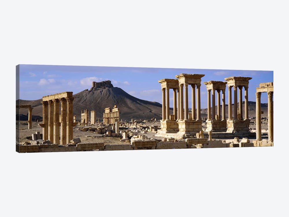 The Tetrapylon Of The Great Colonnade With A Distant View Of Fakhr-al-Din al-Ma'ani Castle, Palmyra, Homs Governorate, Syria by Panoramic Images 1-piece Canvas Art Print