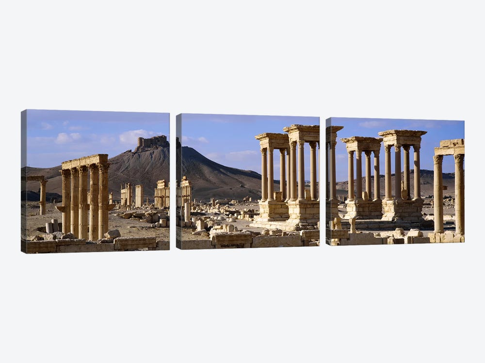 The Tetrapylon Of The Great Colonnade With A Distant View Of Fakhr-al-Din al-Ma'ani Castle, Palmyra, Homs Governorate, Syria by Panoramic Images 3-piece Canvas Art Print