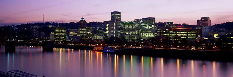 Buildings lit up at night, Portland, Oregon, USA