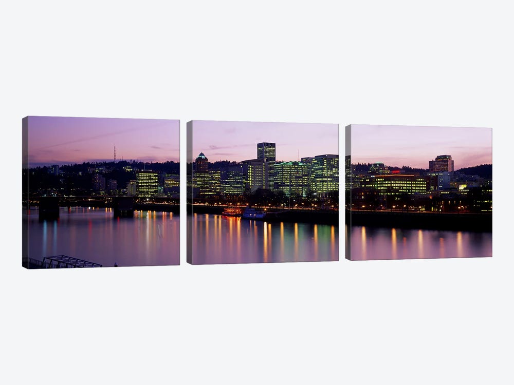 Buildings lit up at night, Portland, Oregon, USA by Panoramic Images 3-piece Art Print