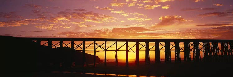 Silhouette of a railway bridge, Pudding Creek Bridge, Fort Bragg, California, USA