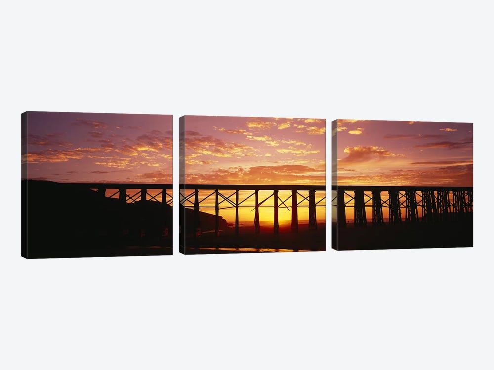 Silhouette of a railway bridge, Pudding Creek Bridge, Fort Bragg, California, USA by Panoramic Images 3-piece Canvas Artwork