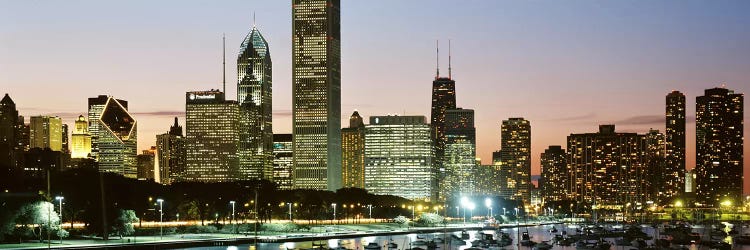 Buildings lit up at night, Chicago, Cook County, Illinois, USA