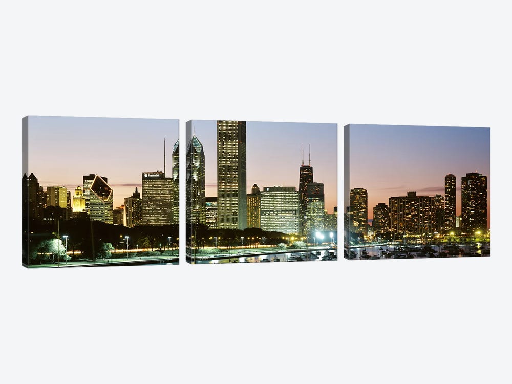 Buildings lit up at night, Chicago, Cook County, Illinois, USA by Panoramic Images 3-piece Canvas Art Print