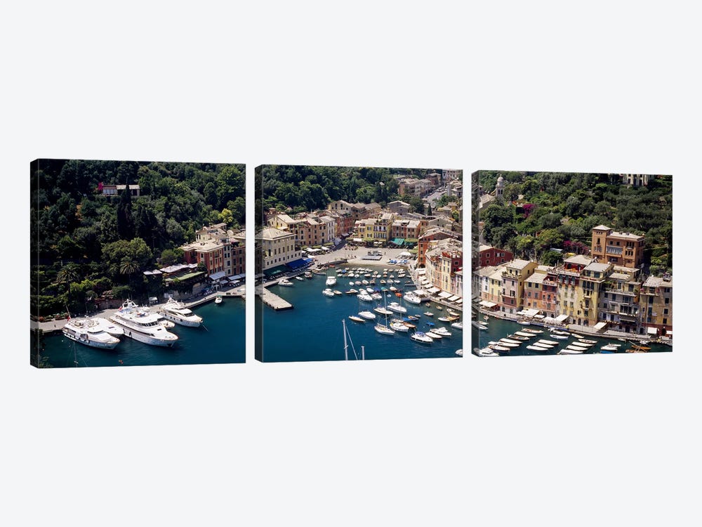 Aerial View Of The Harbour, Portofino, Genoa, Italian Riviera, Italy by Panoramic Images 3-piece Canvas Artwork