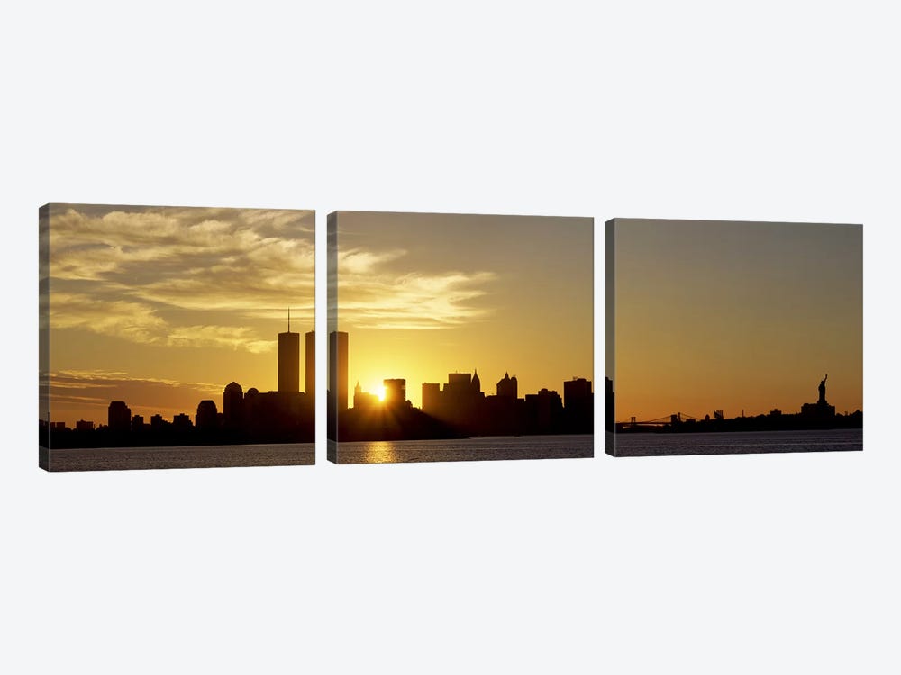 Manhattan skyline & a statue at sunrise Statue of Liberty, New York City, New York State, USA by Panoramic Images 3-piece Canvas Art