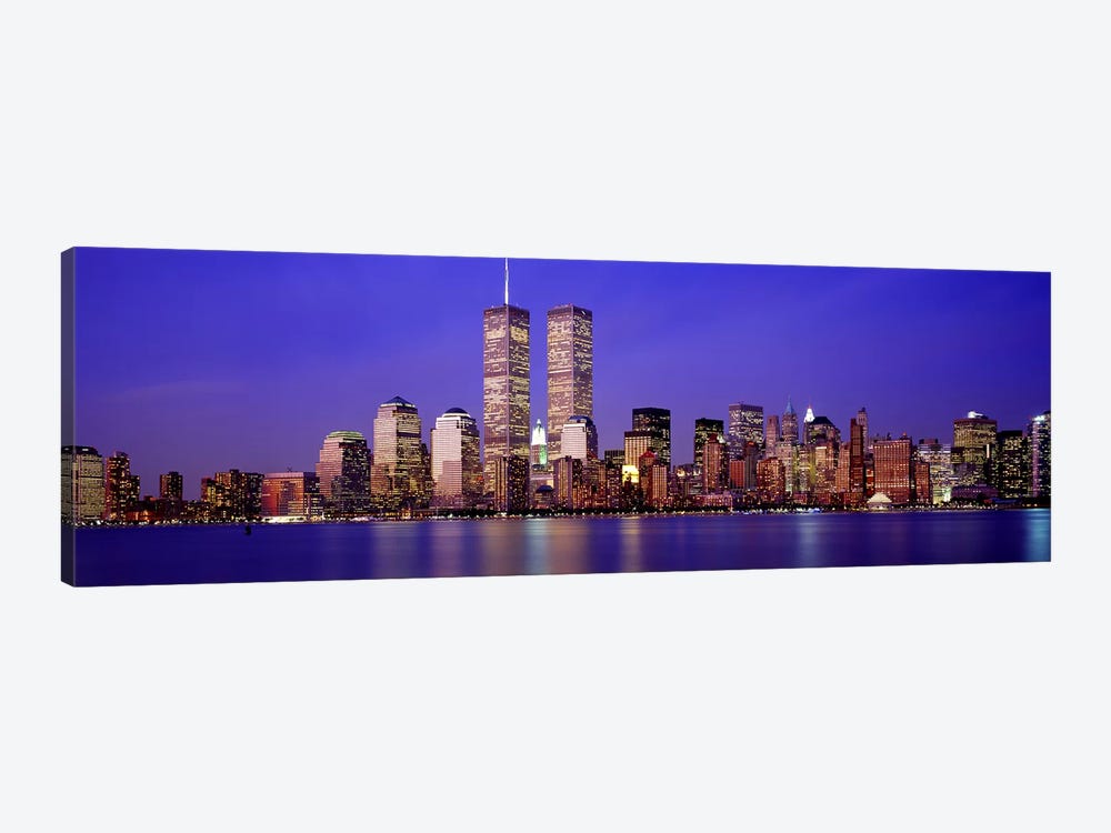 Buildings at the waterfront lit up at dusk, World Trade Center, Wall Street, Manhattan, New York City, New York State, USA by Panoramic Images 1-piece Canvas Art
