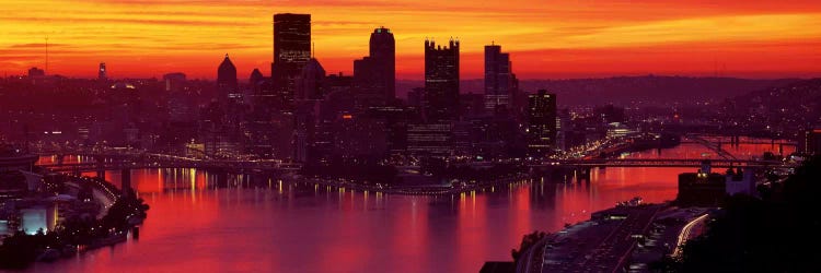 Silhouette of buildings at dawn, Three Rivers Stadium, Pittsburgh, Allegheny County, Pennsylvania, USA