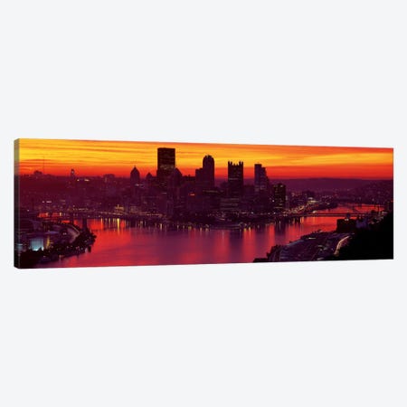 Silhouette of buildings at dawn, Three Rivers Stadium, Pittsburgh, Allegheny County, Pennsylvania, USA Canvas Print #PIM2645} by Panoramic Images Canvas Artwork