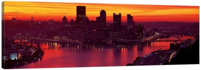 Silhouette of buildings at dawn, Three Rivers Stadium, Pittsburgh, Allegheny County, Pennsylvania, USA Canvas Art Print - Pittsburgh Skylines