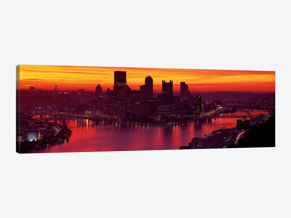 Silhouette of buildings at dawn, Three Rivers Stadium, Pittsburgh, Allegheny County, Pennsylvania, USA by Panoramic Images 1-piece Canvas Print