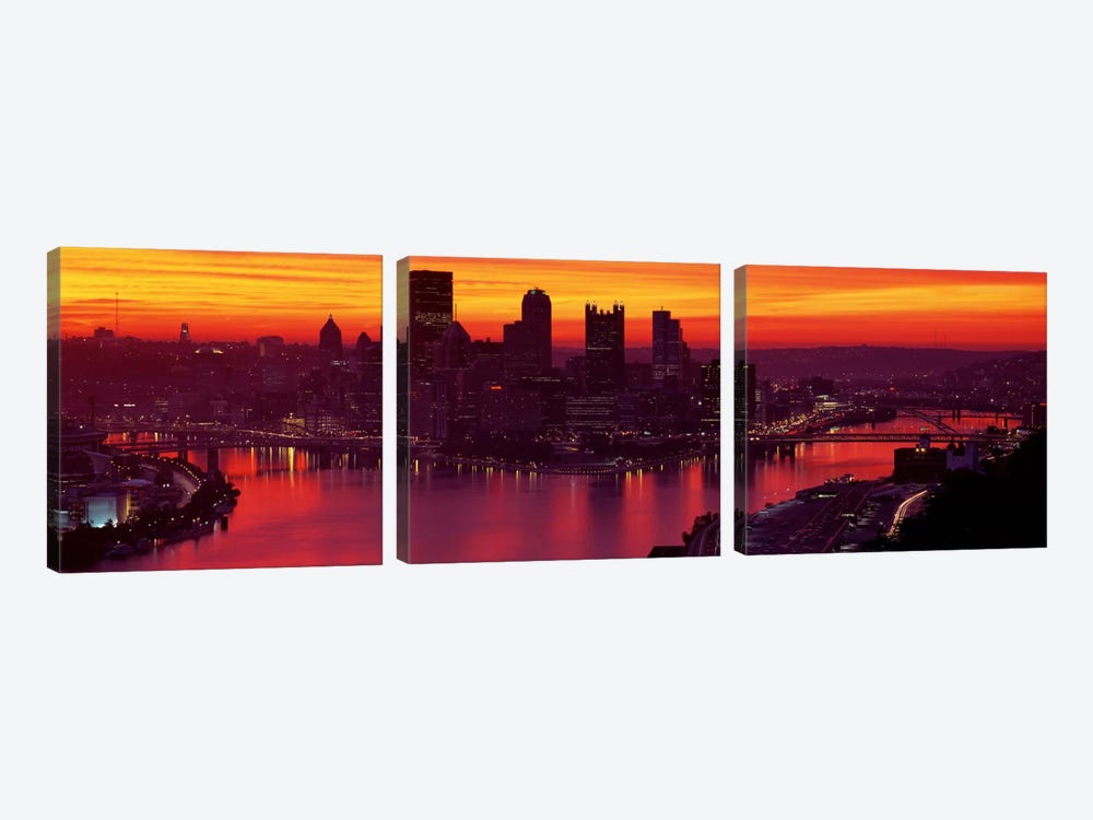 Silhouette of buildings at dawn, Three Rivers Stadium, Pittsburgh, Allegheny County, Pennsylvania, USA by Panoramic Images 3-piece Canvas Art Print