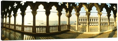 Venetian Gothic Balcony, Doge's Palace (Palazzo Ducale), Venice, Italy Canvas Art Print - Panoramic Cityscapes