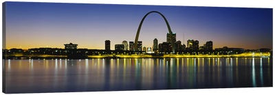 Nighttime Skyline Reflections, St. Louis, Missouri, USA Canvas Art Print - Panoramic Cityscapes