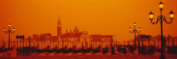 Veneto: Docked Gondolas At Stazio Molo With San Giorgio Maggiore In The Background, Venice, Veneto, Italy by Panoramic Images