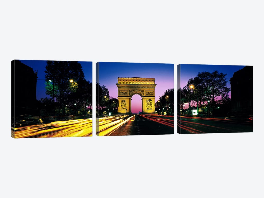 Arc de Triomphe With Blurred Motion Car Lights, Paris, Ile-de-France, France 3-piece Canvas Wall Art