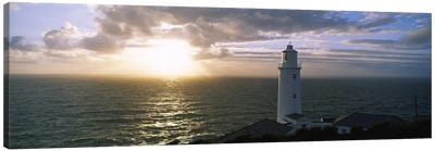 Cloudy Ocean Sunrise Near Trevose Head Lighthouse, Cornwall, England, United Kingdom Canvas Art Print - Lighthouse Art