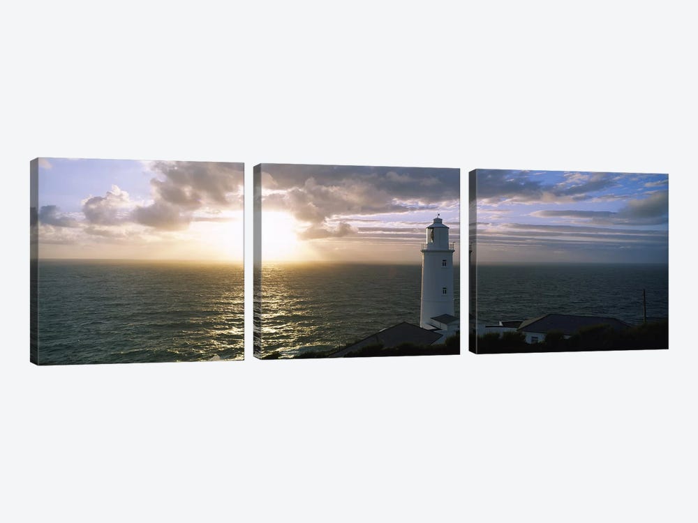 Cloudy Ocean Sunrise Near Trevose Head Lighthouse, Cornwall, England, United Kingdom by Panoramic Images 3-piece Canvas Art Print