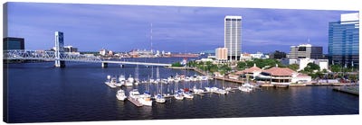 USA, Florida, Jacksonville, St. Johns River, High angle view of Marina Riverwalk Canvas Art Print - Harbor & Port Art