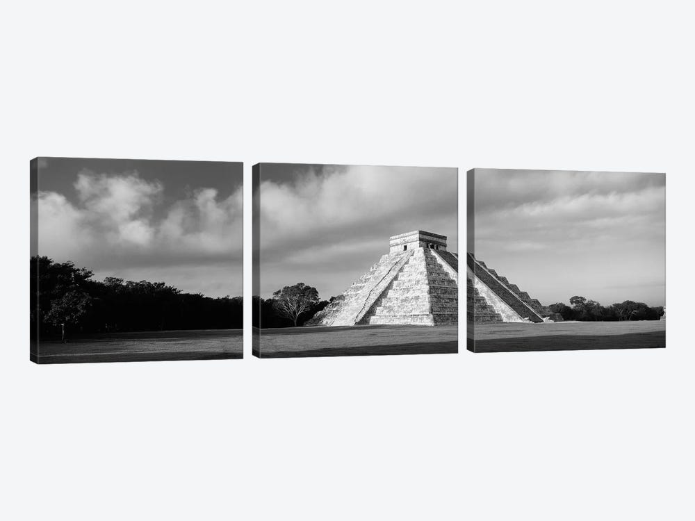 Pyramid in a field, Kukulkan Pyramid, Chichen Itza, Yucatan, Mexico (black & white) by Panoramic Images 3-piece Art Print
