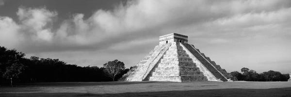 Pyramids: Pyramid in a field, Kukulkan Pyramid, Chichen Itza, Yucatan, Mexico (black & white) by Panoramic Images