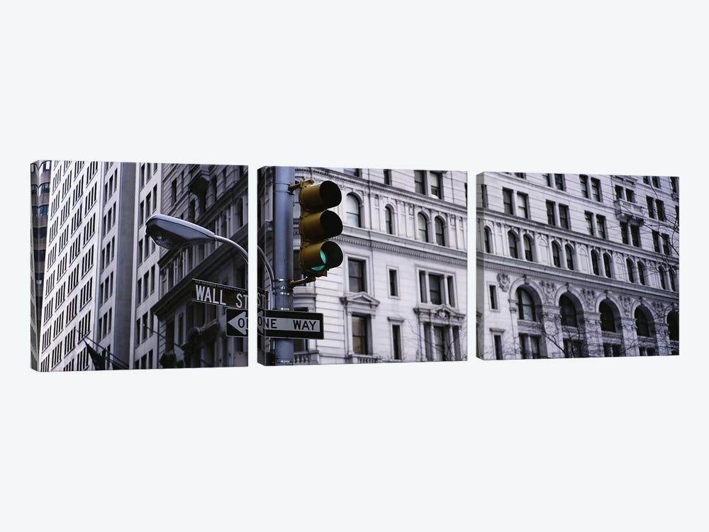 Low angle view of a traffic light in front of a buildingWall Street, New York City, New York State, USA by Panoramic Images 3-piece Canvas Print