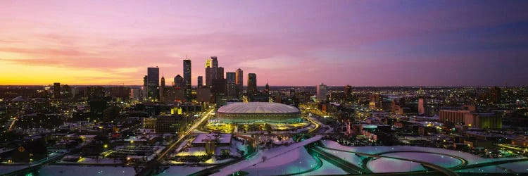 Skyscrapers lit up at sunsetMinneapolis, Minnesota, USA
