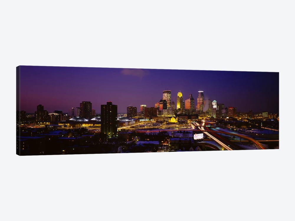 Skyscrapers lit up at duskMinneapolis, Minnesota, USA by Panoramic Images 1-piece Canvas Print