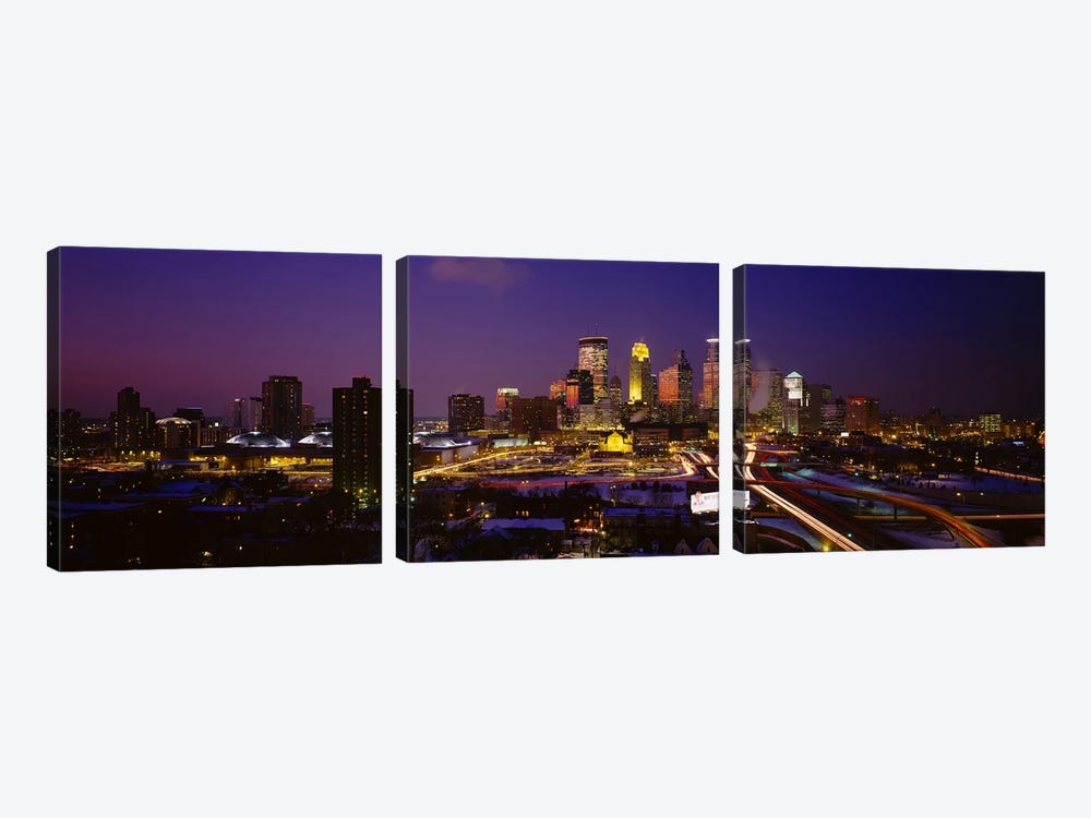 Skyscrapers lit up at duskMinneapolis, Minnesota, USA by Panoramic Images 3-piece Art Print