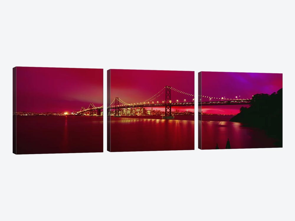 Suspension bridge lit up at nightBay Bridge, San Francisco, California, USA by Panoramic Images 3-piece Canvas Wall Art