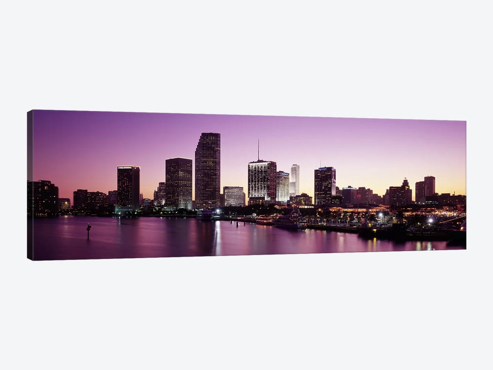 Buildings lit up at duskBiscayne Bay, Miami, Miami-Dade county, Florida, USA by Panoramic Images 1-piece Canvas Print