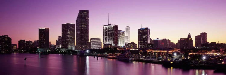 Buildings lit up at duskBiscayne Bay, Miami, Miami-Dade county, Florida, USA