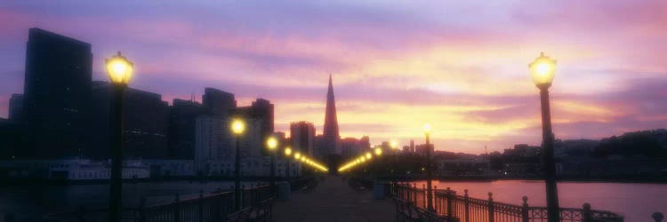 Illuminated lampposts on a pierSan Francisco, California, USA