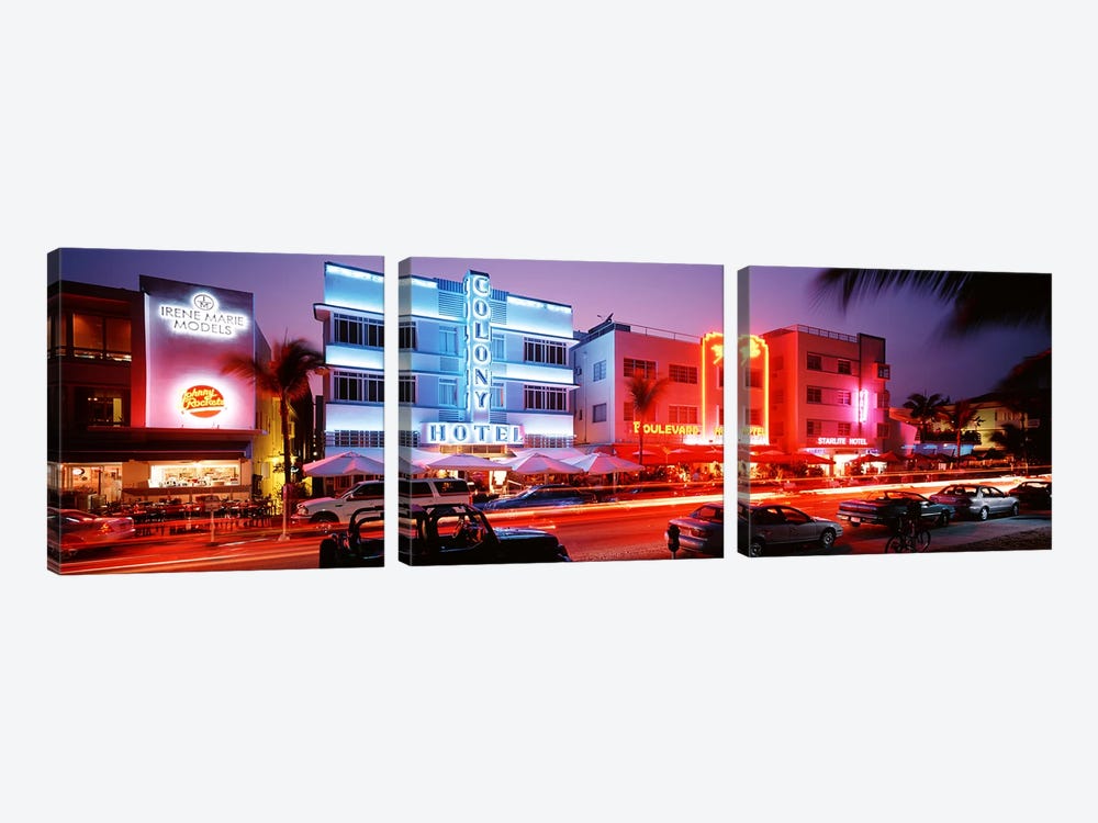 Buildings Lit Up At NightSouth Beach, Miami Beach, Florida, USA by Panoramic Images 3-piece Canvas Artwork