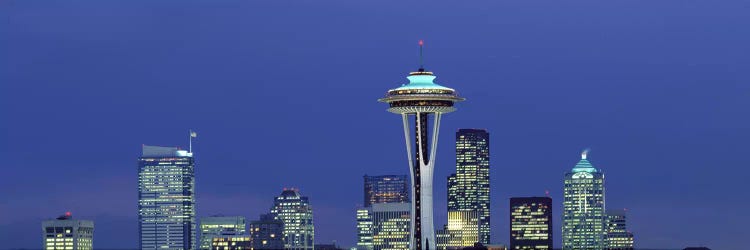 Buildings in a city lit up at night, Space Needle, Seattle, King County, Washington State, USA