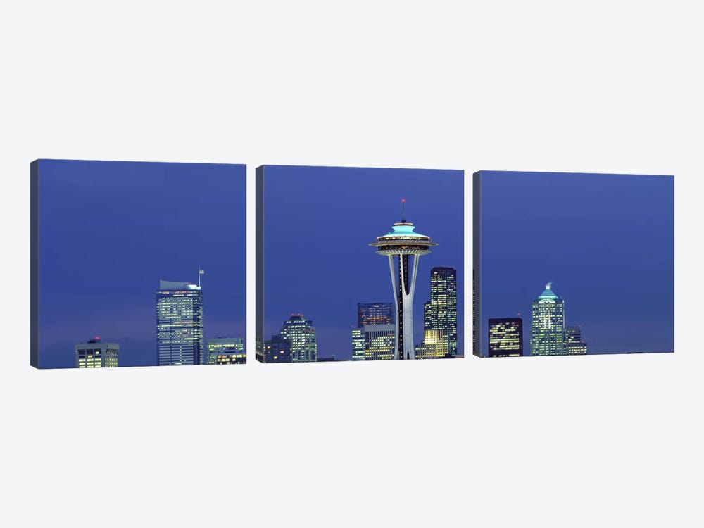 Buildings in a city lit up at night, Space Needle, Seattle, King County, Washington State, USA by Panoramic Images 3-piece Art Print