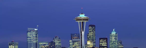 Space Needle: Buildings in a city lit up at night, Space Needle, Seattle, King County, Washington State, USA by Panoramic Images